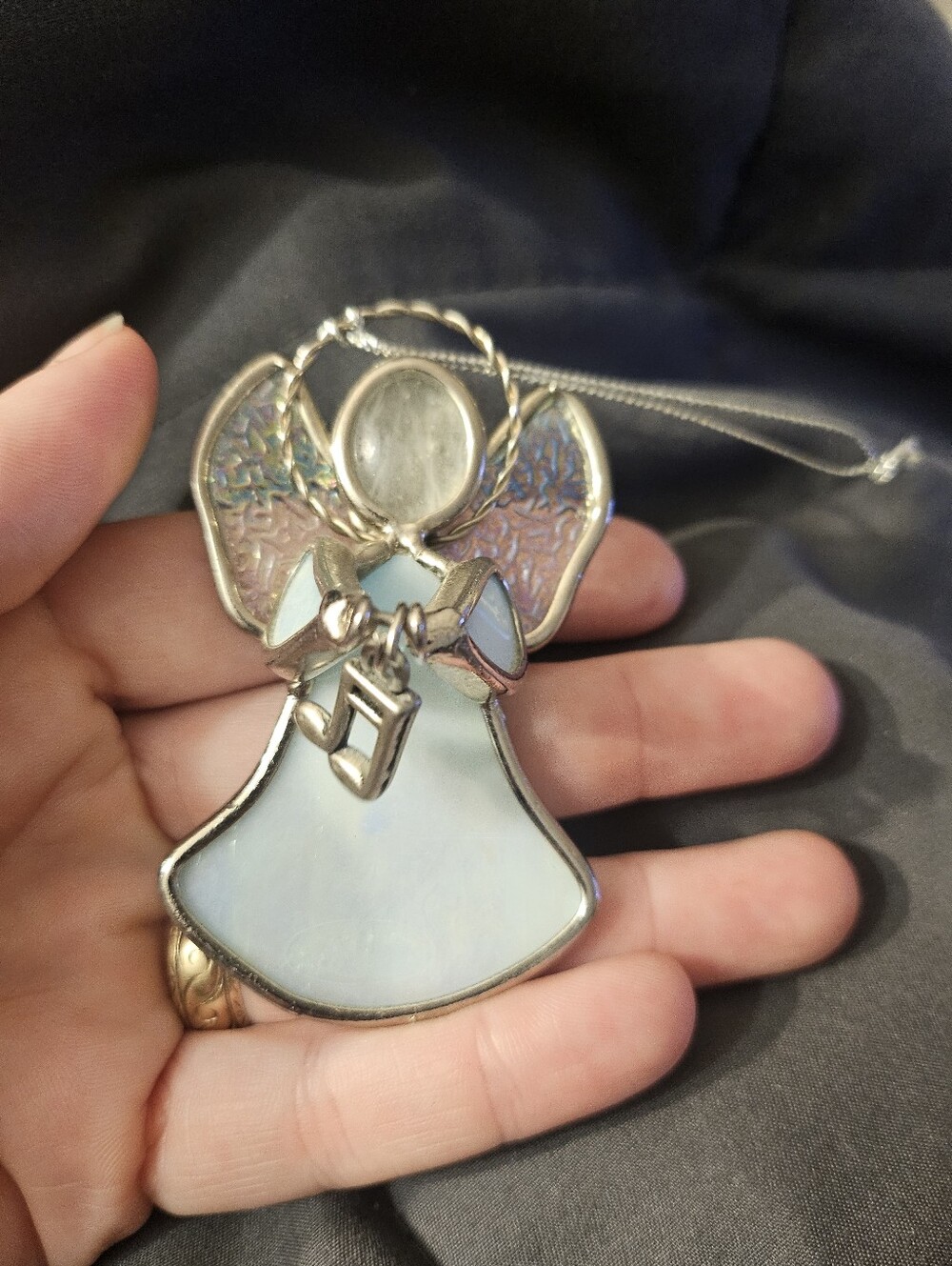 Stained Glass Angel Ornament White/blue Holding Music Note 3" EUC